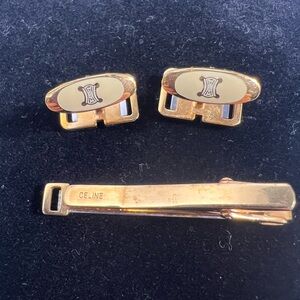 Celine Gold Tone Cufflinks & Tie Bar Set Vintage
